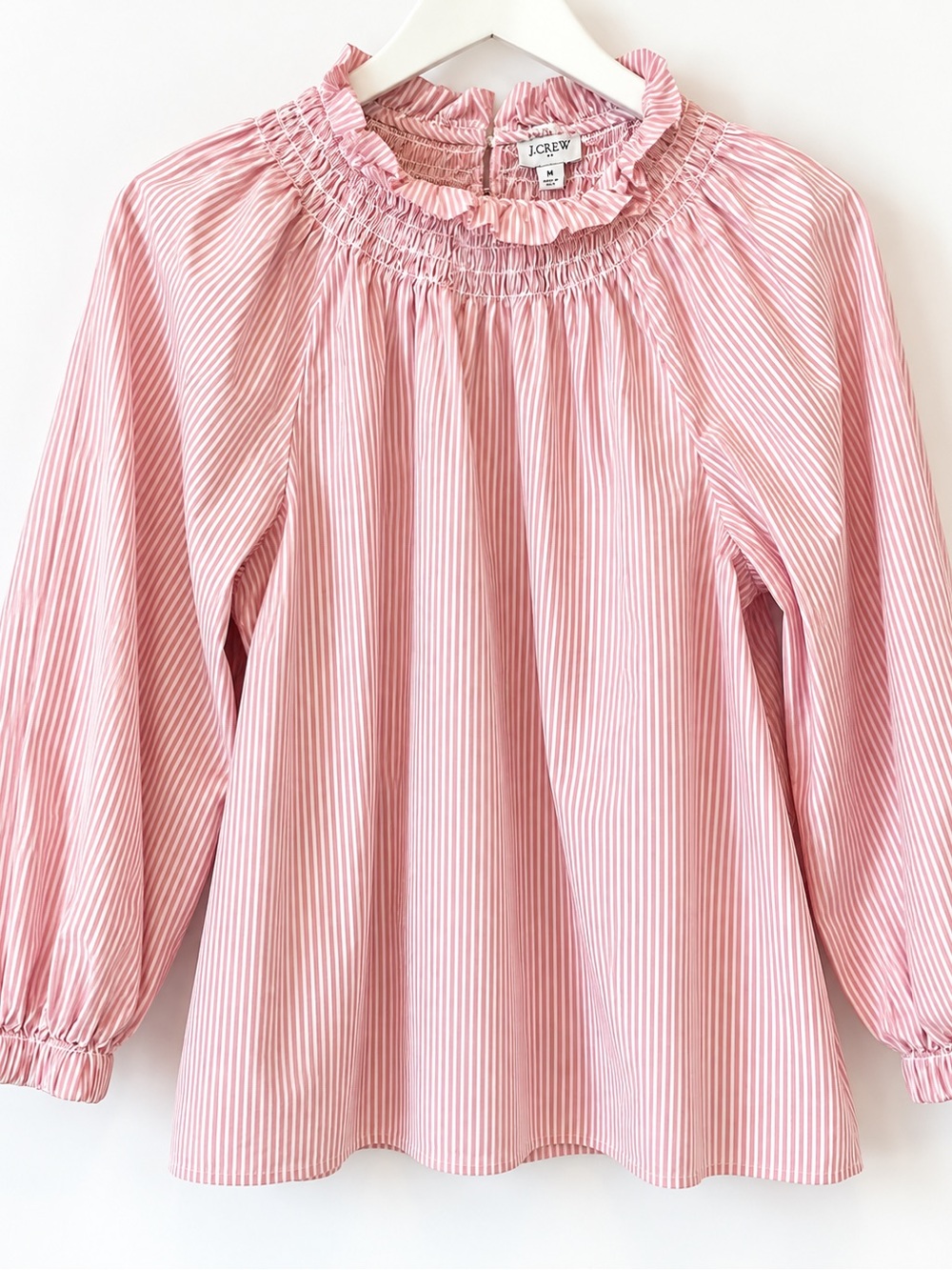 J.Crew Pink White Striped Smocked Ruffle Neck Blouse Women’s Medium